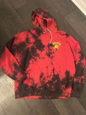 Red and Black Tie-Dye Pullover Hoodie with Embroidered Crest